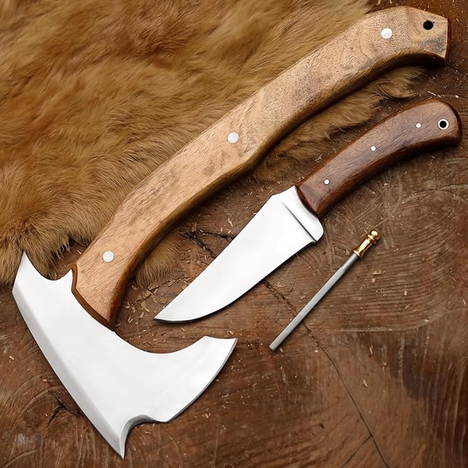 EdgeLandKnives® Hand Forged Tomahawk Axe and Knife Set Heavy Duty D2 Steel Throwing Axe and Knife Combo with Leather Sheath Perfect Outdoor Camping Hunting Set for Outdoorsmen and Adventurers EL41
