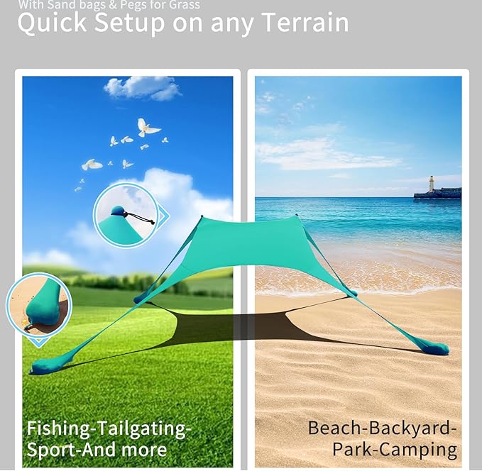 7×7 FT Beach Tent Sun Shelter UPF50+ UV Protection Outdoor Canopy Tent Sun Shade with 2 Poles for Camping Beach Fishing Backyard and Picnics Turquoise