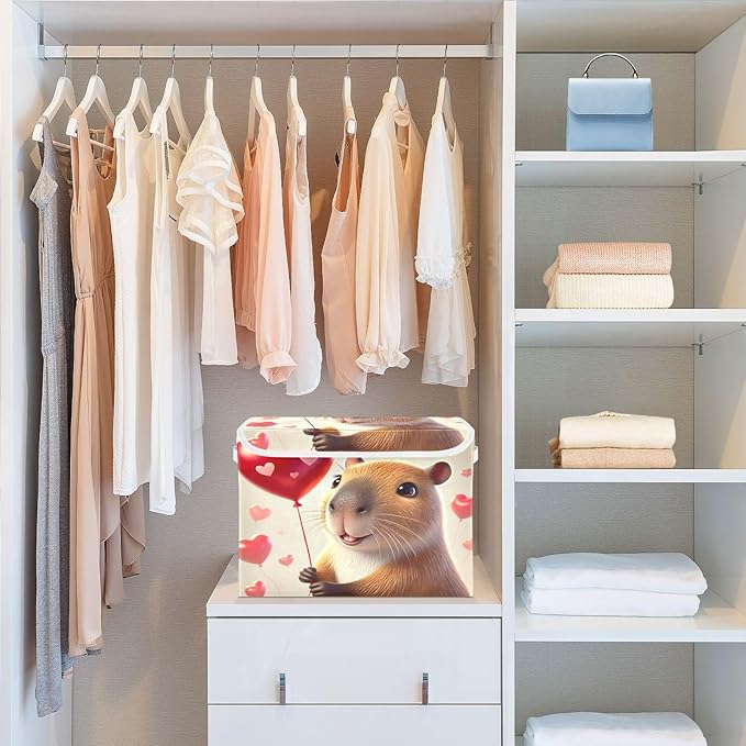 Capybara Valentines Balloon Heart Storage Bin Box with Lids Closet Storage Cube Large Foldable Organizer Container Fabric with Handles for Bedroom Clothes