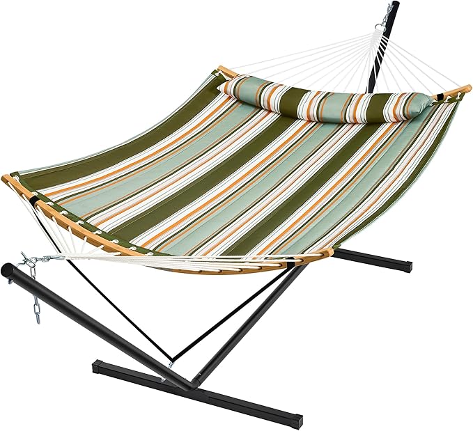 SUPERJARE Hammock with Stand 2 Person Heavy Duty Hammock with Padded Cotton Detachable Pillow &amp Strong Curved-Bar &amp Portable Carrying Bag Perfect for Outdoor &amp Indoor Retro Green