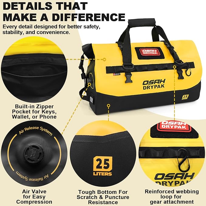 OSAH DRYPAK Waterproof Duffel Bag 25L/40L/60L – Heavy-Duty Motorcycle Tail Bag Roll-Top Dry Bag for Travel Camping Boating Kayaking Outdoor Adventure