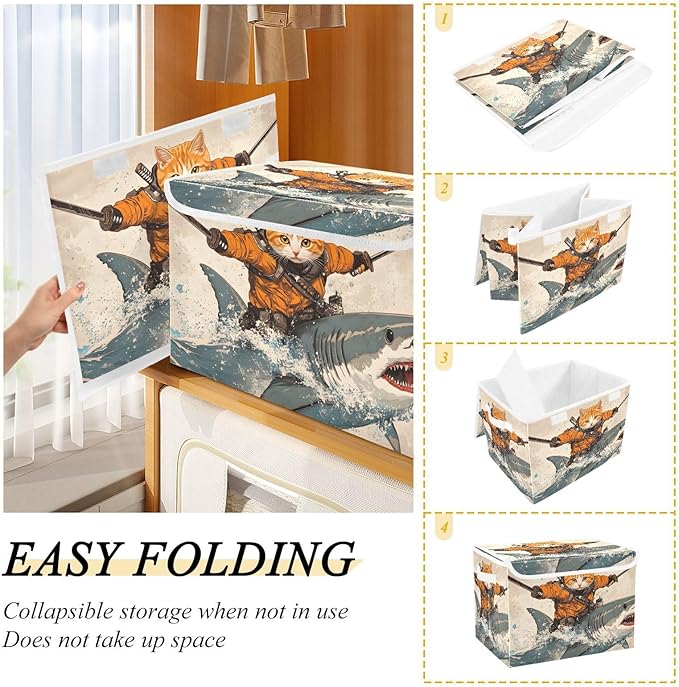 AIXIWAWA Lidded Storage Cube (Cat Samurai) Fabric Foldable Closet Bins with Flip Lid and Handles Organizer Basket Container 16.5 x 12.6 x 11.8 IN