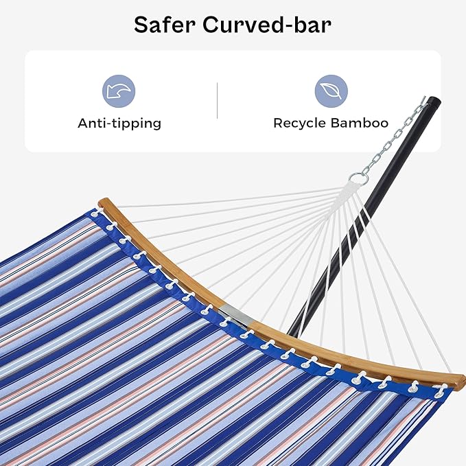 SUPERJARE Hammock with Stand 2 Person Heavy Duty Hammock with Padded Cotton Detachable Pillow &amp Strong Curved-Bar &amp Portable Carrying Bag Perfect for Outdoor &amp Indoor Navy Blue Stripe