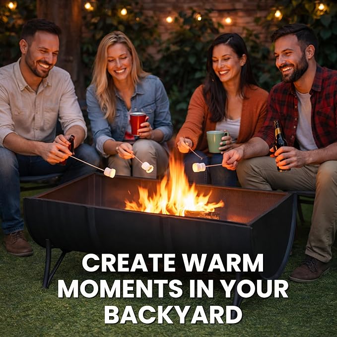 35-Inch Oval Barrel Wood Fire Pit – Steel Patio Backyard Heater with Safety Spark Screen Easy to Clean Elevated Log Grate and PVC Cover Black