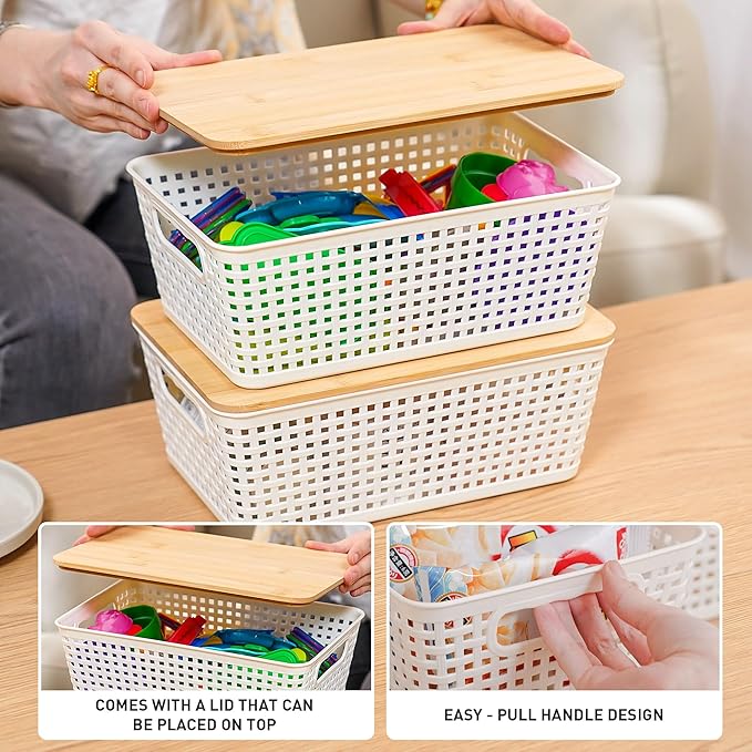 Storage Bins with Lids 8 Packs Plastic Storage Bins with Bamboo Lids for Pantry Organization and Storage Containers for Shelves Drawers Desktop Closet Playroom Classroom Office Home White