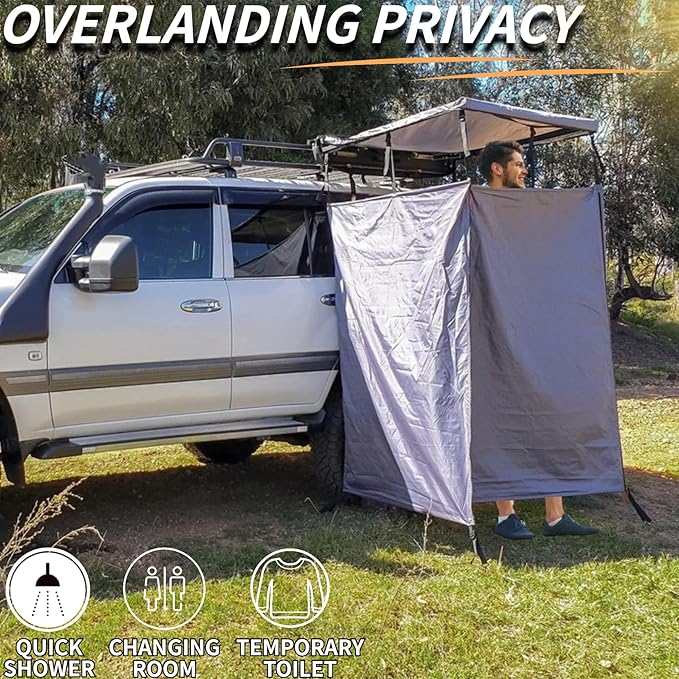 DANCHEL OUTDOOR Car Side Shower Awning with Roof 3.3x3.3ft Portable Roof Rack Vehicle Shower Privacy Tent Shelter Enclosure Overland Camping Changing Room Bathroom w/LED Light Gray