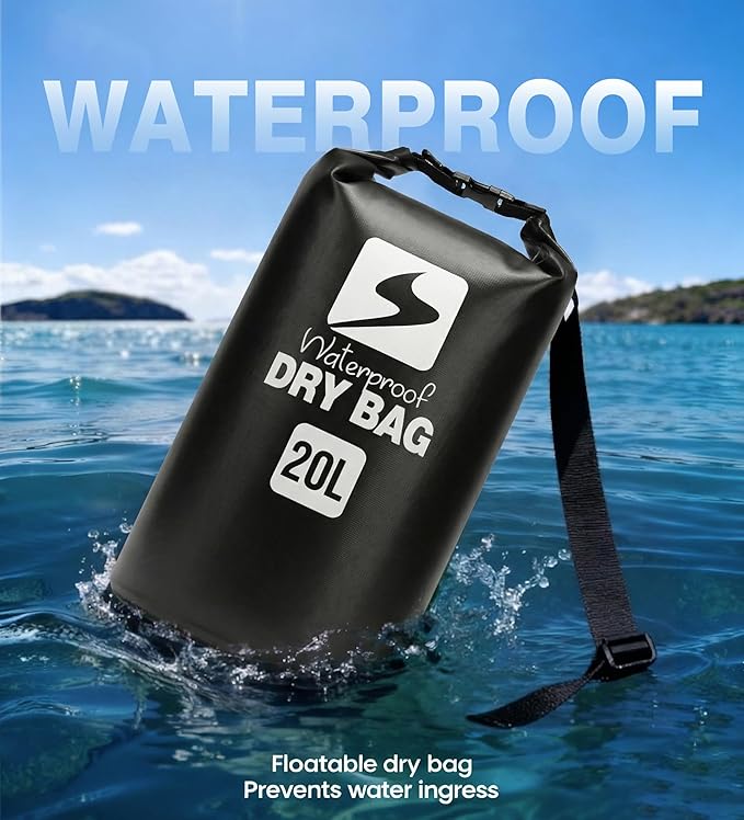 Soulsfeng Waterproof Dry Bag Backpack Roll Top Floating Dry Storage Bag with Phone Case Lightweight Dry Sack for Kayaking Boating Beach Travel Camping 20L Black