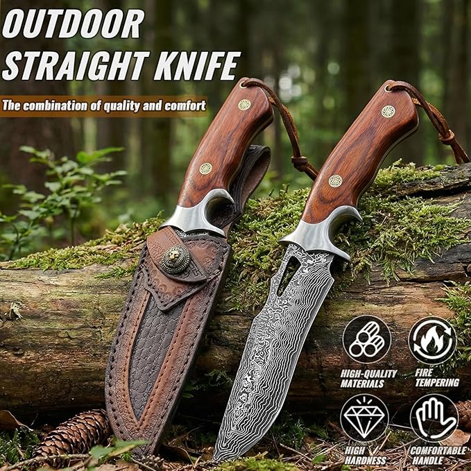 Fixed Blade Hunting Knife with Leather Sheath - 10 Full Tang Stainless Steel Camping Knife with Ergonomic Wood Handle &amp Damascus Pattern - Sharp Outdoor Survival Tool for Hiking Bushcraft Fishi