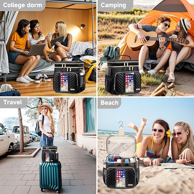Large Leather Toiletry Bag for Women MenBathroom BagWater Resistant Shower BagMakeup BagPortable Shower Caddy for College DormHanging Travel Toiletry Bag with Transparent Waterproof Phone Pocket