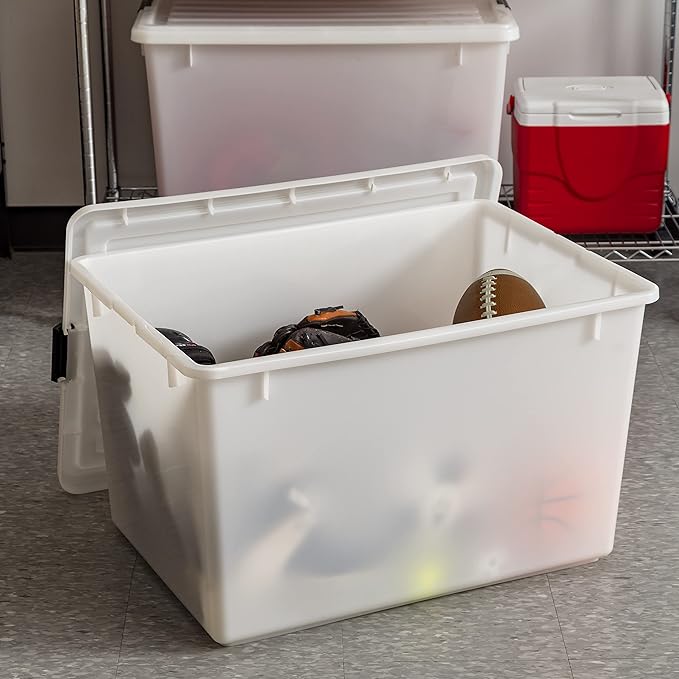IRIS USA 144 Qt Stackable Plastic Storage Bins with Lids 3 Pack - BPA-Free Discreet Organizing Solution Latches Durable Nestable Containers Secure Pull Handle Made in USA - Pearl