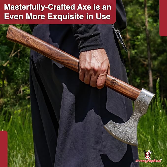 Hand-Forged Viking Battle Axe – Carbon Steel Blade with Draugr Etchings Handle Valknut Engraving Perfect for Collectors and Norse Mythology Enthusiasts