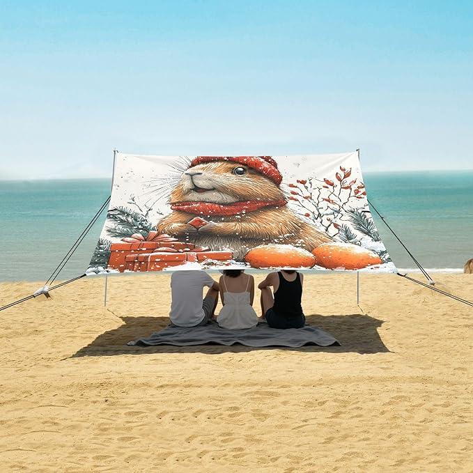 ALAZA Christmas Squirrel Beach Tent Sun Shelter UPF50+ Protection Beach Shade Canopy w/ 4 Sandbags for Outdoor Camping Fishing Backyard Fun Picnic 10x9 ft