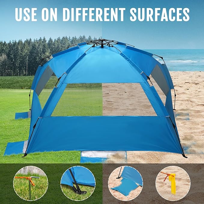 WhiteFang Deluxe Pop Up Beach Tent Sun Shade Shelter for 3-4/5-6 Person UV Protection Extendable Floor with 3 Ventilating Windows Plus Carrying Bag Stakes and Guy Lines
