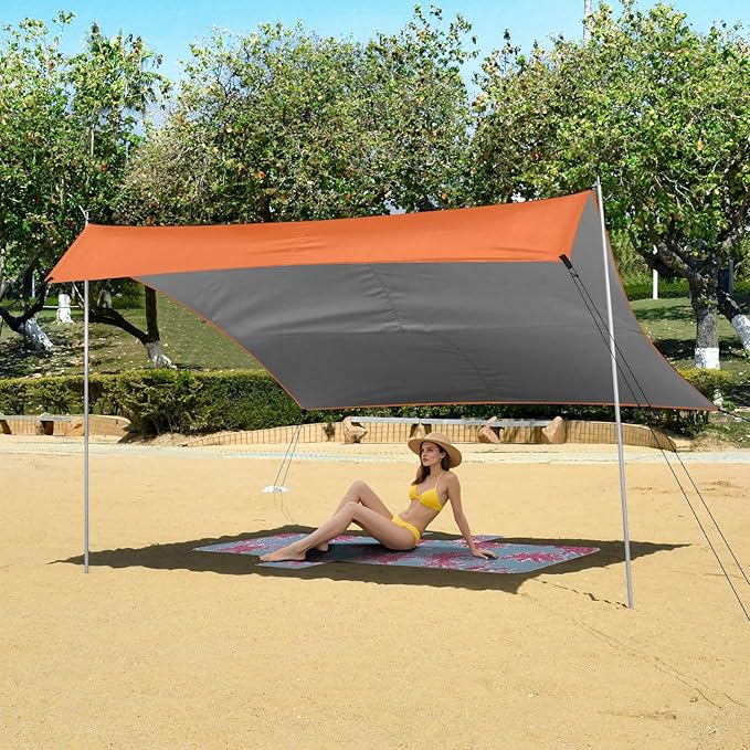 xigua Orange Beach Tent Sun Shelter with Carrying Bag - Silver Coated Oxford Fabric Beach Canopy for Beach Camping Fishing - Includes Windproof Ropes Sandbags &amp Stakes