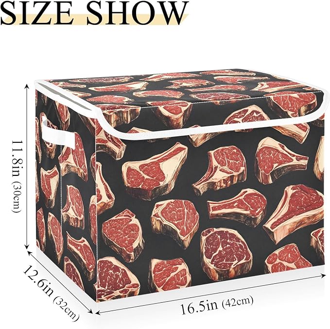 AIXIWAWA Lidded Storage Cube (Meat Pattern) Fabric Foldable Closet Bins with Flip Lid and Handles Organizer Basket Container 16.5 x 12.6 x 11.8 IN
