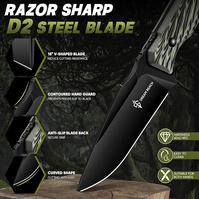 Dream Reach Fixed Blade Knife - D2 Steel Tactical Knife with Ergonomic Full Tang Handle and Kydex Sheath for Outdoor Camping Survival Gift for Men Women