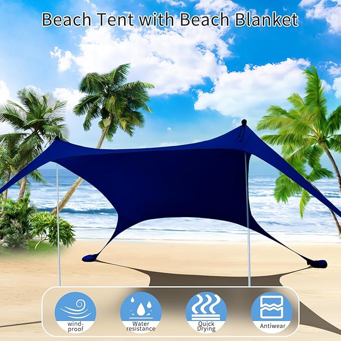 7×7 FT Beach Tent Sun Shelter UPF50+ UV Protection Outdoor Canopy Tent Sun Shade with 2 Poles for Camping Beach Fishing Backyard and Picnics Navy