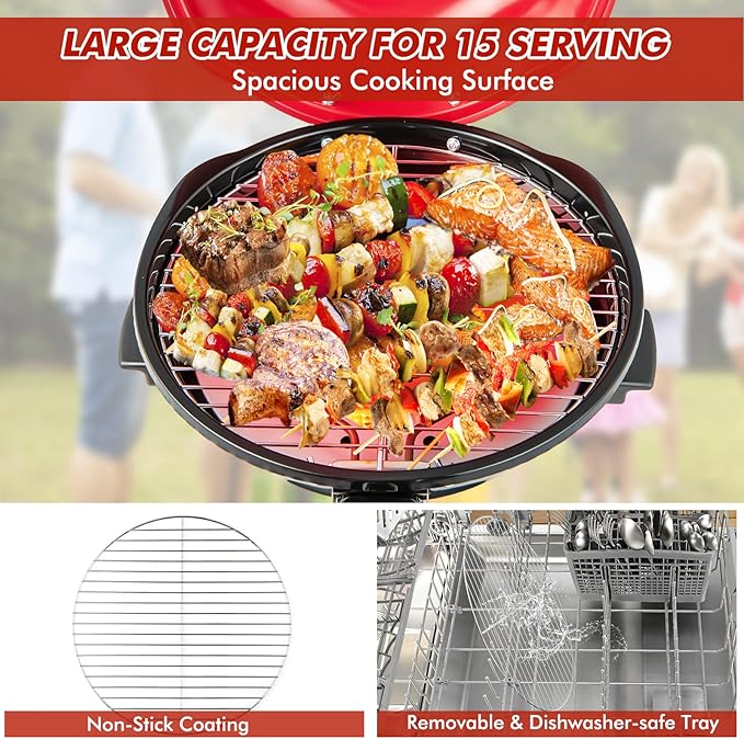 HAPPYGRILL Electric Grill Outdoor 1600W Barbecue 15-Serving for Indoor &amp Outdoor Use Portable Stand BBQ Grill for Cooking Patio Kitchen Garden Red
