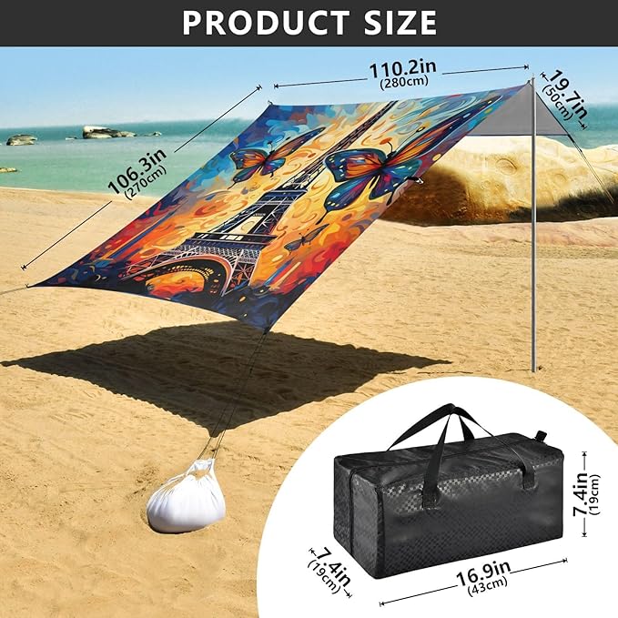 ALAZA Paris Eiffel Tower Colorful Butterfly Starry Beach Tent Sun Shelter Portable Canopy Sunshade for Outdoor Camping Picnics Backyard Fun 10x9 ft