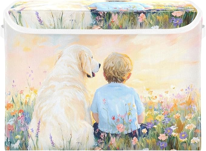 AIXIWAWA Lidded Storage Cube (Dog and Friend) Fabric Foldable Closet Bins with Flip Lid and Handles Organizer Basket Container 16.5 x 12.6 x 11.8 IN