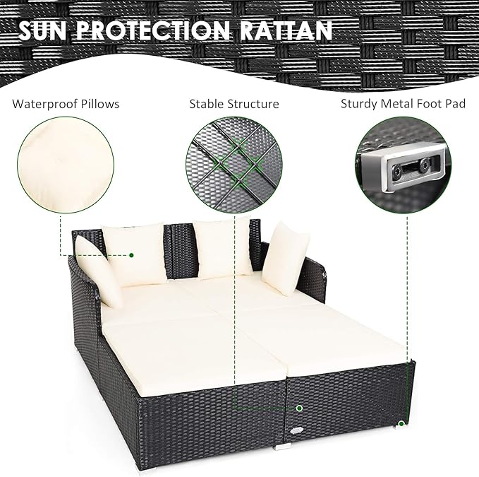 Tangkula Outdoor Rattan Daybed Wicker Furniture with Spacious Seat Upholstered Cushion &amp High-Resilience Sponge Patio Sofa Set with 4 Pillows 2-Person Sunbed for Poolside Backyard Garden &amp