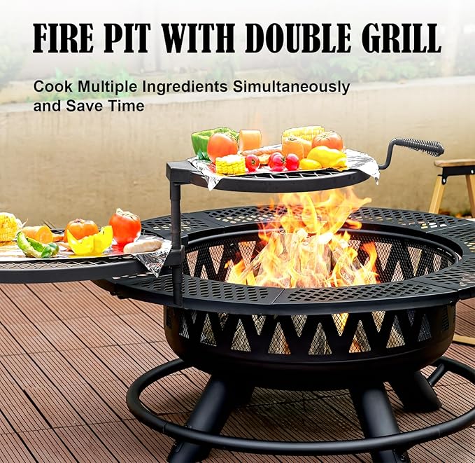 36 Inch Fire Pit with 2 Grills Large Outdoor Firepits for Outside Wood Burning Fireplace for CampingPicnicBonfire 3-in-1 Round Metal Table with Lid for BackyardPatioParty