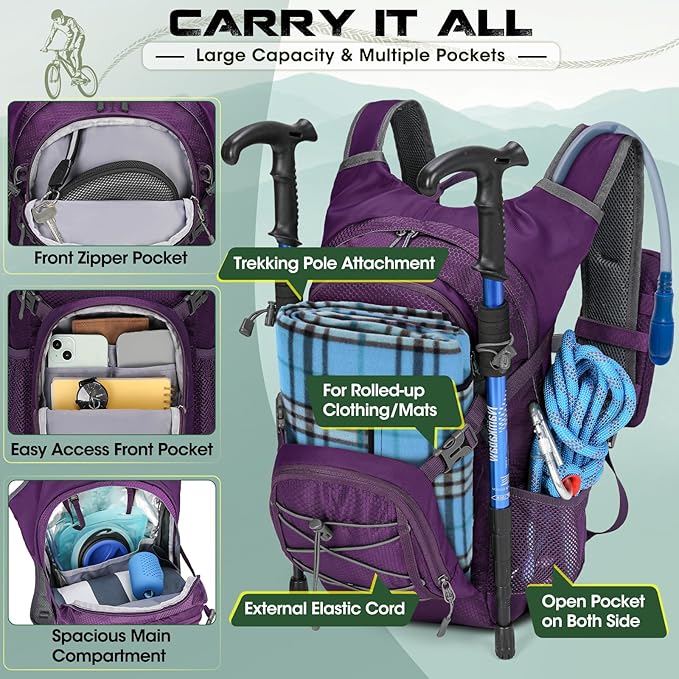 Hydration Backpack with Water Bladder 18L Lightweight Hiking Backpack for Women&ampMen Small Insulated Hydration Water Pack for Hiking Running Cycling Biking