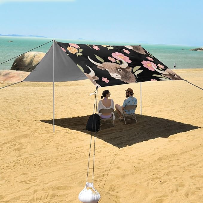 ALAZA Cute Yak Flowers Beach Tent Sun Shelter UPF50+ Protection Beach Shade Canopy w/ 4 Sandbags for Outdoor Camping Fishing Backyard Fun Picnic 10x9 ft