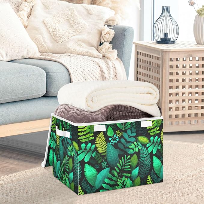 Collapsible Storage Bins with Lids Decorative Fabric Storage Cubes Closet Organizer and Storage Basket Boxes Containers for Clothes Box Chest Nursery Folding Rectangle Dark Green Leaves