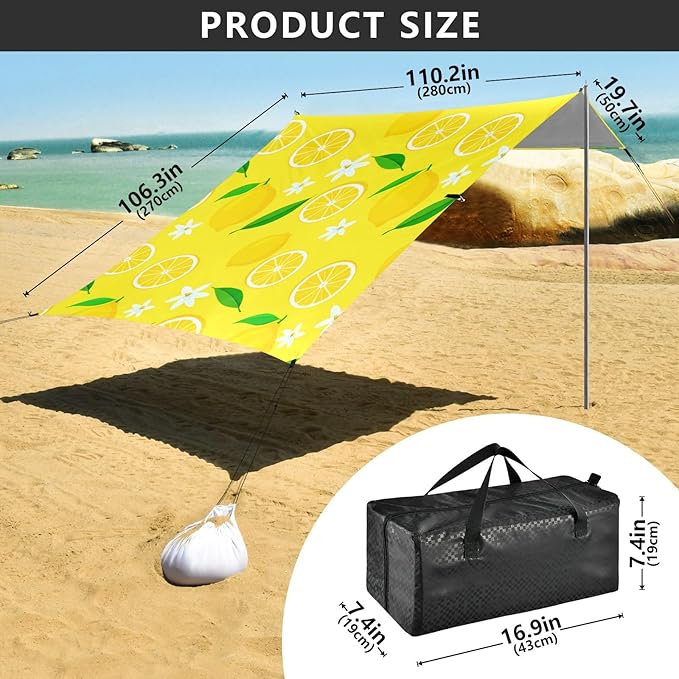 Beach Canopy with Windproof Ropes &amp Sandbags Beach Tent Sun Shade Sun Shelter for Camping Trips Fishing Backyard Fun or Picnics Lemons