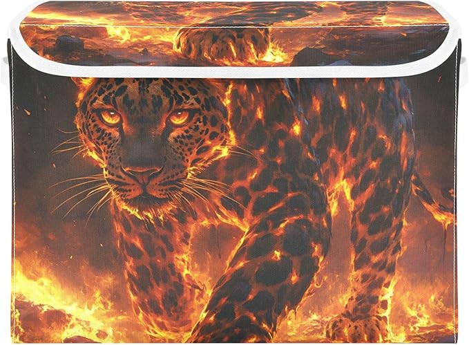 AIXIWAWA Lidded Storage Cube (Leopard with Flame) Fabric Foldable Closet Bins with Flip Lid and Handles Organizer Basket Container 16.5 x 12.6 x 11.8 IN