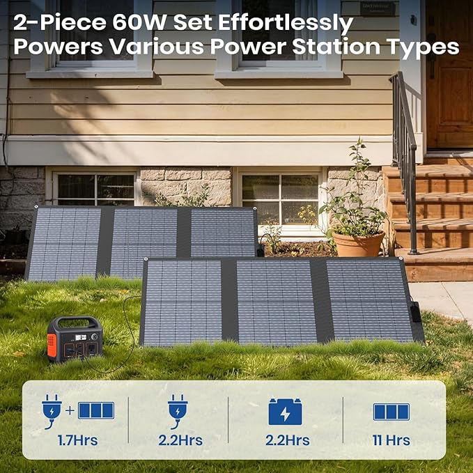 FlexSolar 120W (2-Pack 60W) N-Type Solar Panel 25% High Efficiency IP67 Waterproof Half-Cut Cell Lightweight Parallel Charger for RV Camping Off-Grid &amp Portable Power Station