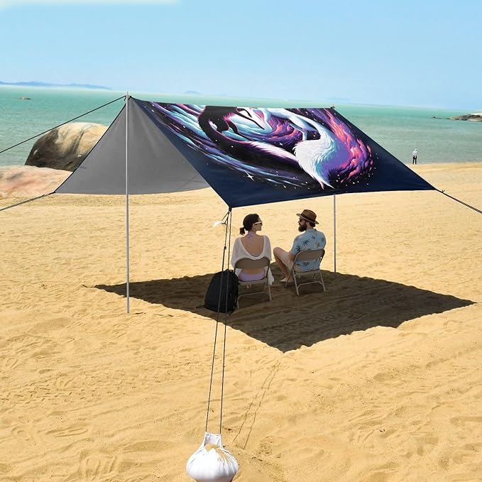 ALAZA Fox Yingyang Nebula Beach Tent Sun Shelter UPF50+ Protection Beach Shade Canopy w/ 4 Sandbags for Outdoor Camping Fishing Backyard Fun Picnic 10x9 ft