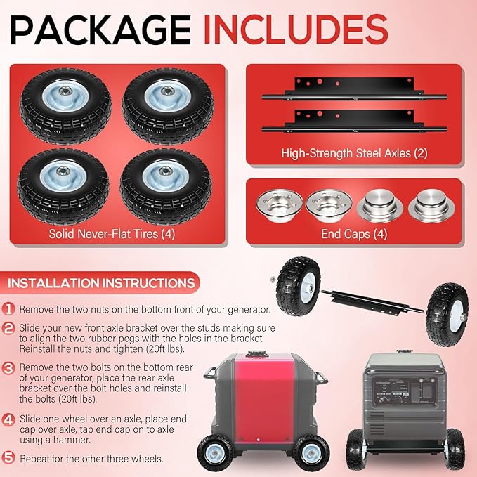 All Terrain Wheel Kit Fits for Honda EU3000is Generator Heavy-Duty Solid Never-Flat Tires Replaces for 06423-ZS9-020AH
