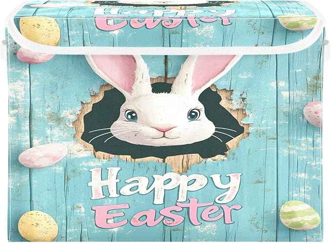 Happy Easter Pattern Foldable Storage Baskets Fabric Boxes with Handle Organizers with Flip-Top Lids Storage Bins for Home Bedroom Office
