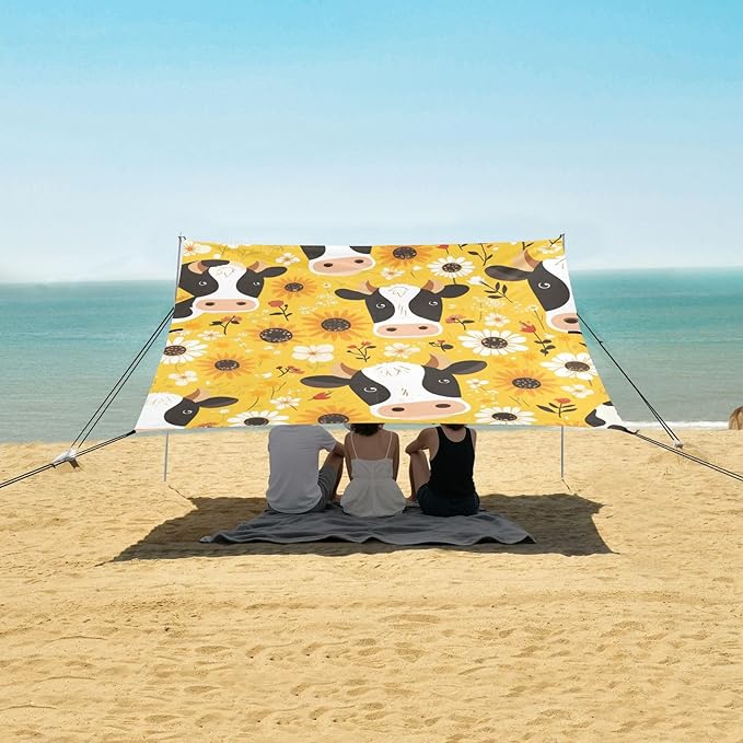 Black White Cow Print Sunflowers Foldable Beach Tent UPF50+ Lightweight Large Sun Shelter with Sandbags and Shovel for Camping Fishing Backyard Fun