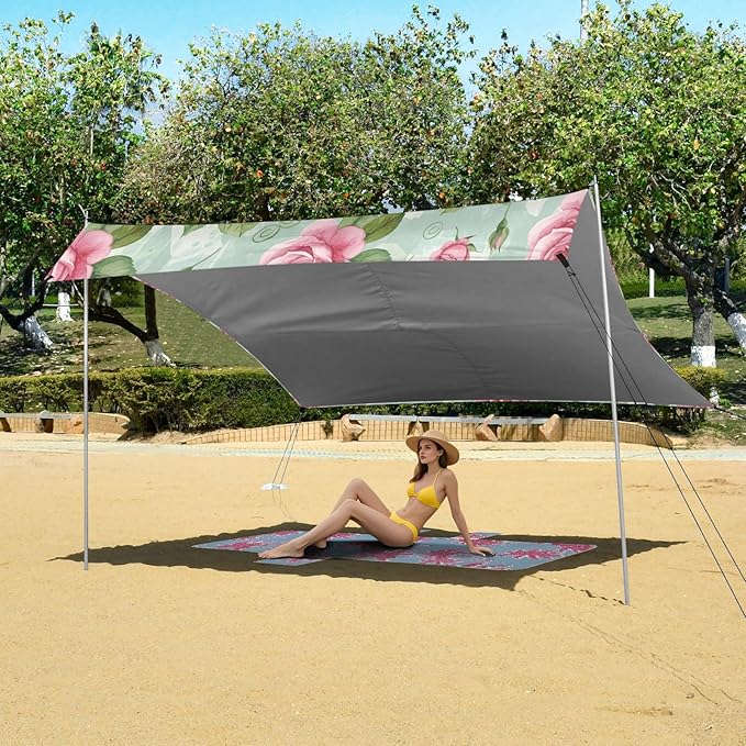 xigua Rose Beach Tent Sun Shelter with Carrying Bag - Silver Coated Oxford Fabric Beach Canopy for Beach Camping Fishing - Includes Windproof Ropes Sandbags &amp Stakes