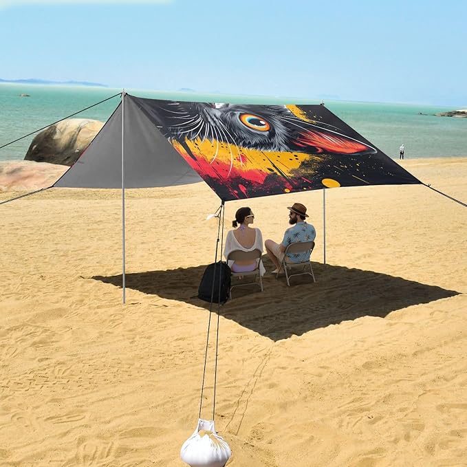 ALAZA Black Cat Art Beach Tent Sun Shelter UPF50+ Protection Beach Shade Canopy w/ 4 Sandbags for Outdoor Camping Fishing Backyard Fun Picnic 10x9 ft