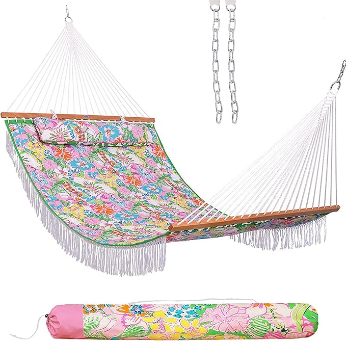 Lazy Daze Hammocks 12 FT Double Quilted Fabric Hammock with Extra Large Soft Pillow and Carrying Bag 2 Person Outdoor Hammock with Spread Bar and Elegant Tassels Heavy Duty 450 lbs Capacity Floral