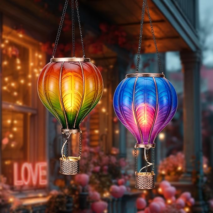 TERESA'S COLLECTIONS 2 Pack Hanging Solar Lantern Outdoor Garden Decor for Valentine Waterproof Plastic Hot Air Balloon Orange Flickering Flame Effect Lantern for Yard TreeGift for Mom18