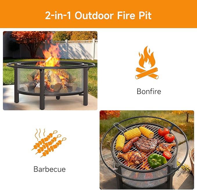 ONBRILL 2-in-1 36 Inch Fire Pit with Cooking Grill Outdoor Wood Burning Firepit with Poker for BBQ Bonfire Picnic Party Round Metal Fire Pit for Outside Backyard Patio