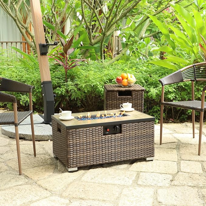 2-Piece Rattan Wicker Propane Fire Pit Table w/Tank Holder Handmade 32-inch Gas Fire Pits for Outside Patio Ceramic Tabletop with Steel Lid Lava Rocks 40000 BTU Rectangle (Brown)