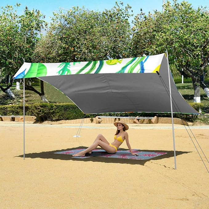 Beach Canopy with Windproof Ropes &amp Sandbags Beach Tent Sun Shade Sun Shelter for Camping Trips Fishing Backyard Fun or Picnics Seahorses