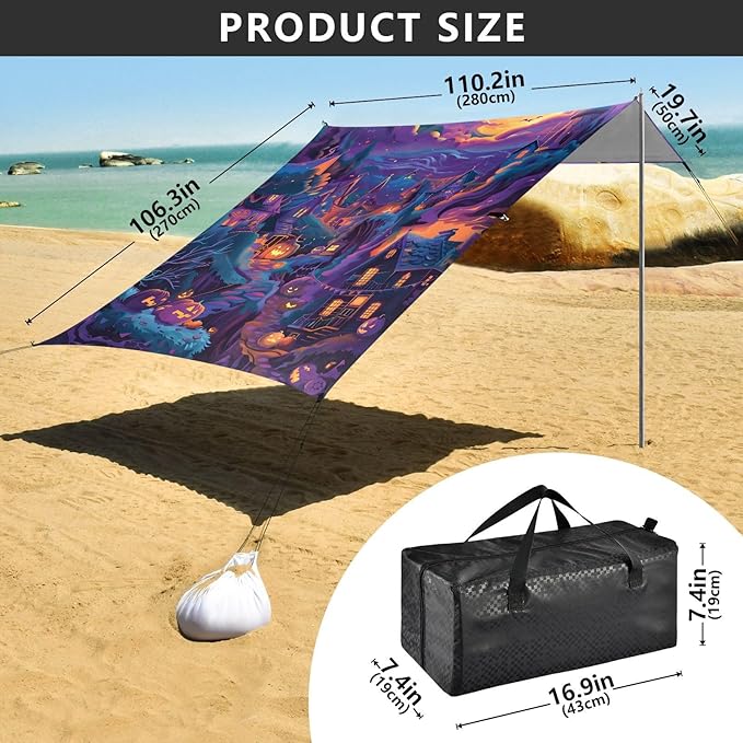 ALAZA Halloween Town Ghost Beach Tent Sun Shelter UPF50+ Protection Beach Shade Canopy w/ 4 Sandbags for Outdoor Camping Fishing Backyard Fun Picnic 10x9 ft