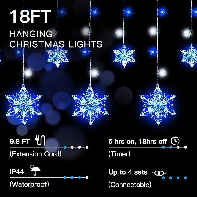 Snowflake Icicle Lights Outdoor 8.2ft 144 LED Connectable Xmas Hanging String Light Plug in Christmas Snowflake Lights for House Eaves Window Roof Yard Fence Decor White and Blue