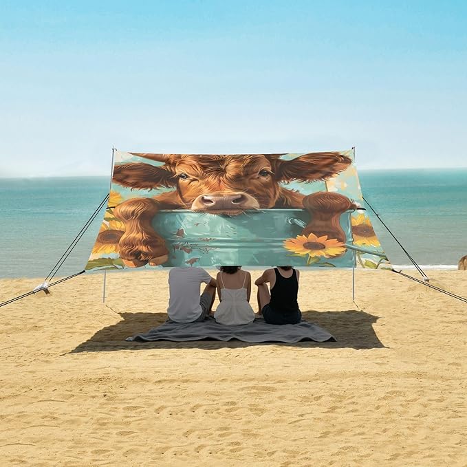 ALAZA Highland Cattle in an Iron Can Beach Tent Sun Shelter Portable Canopy Sunshade for Outdoor Camping Picnics Backyard Fun 10x9 ft
