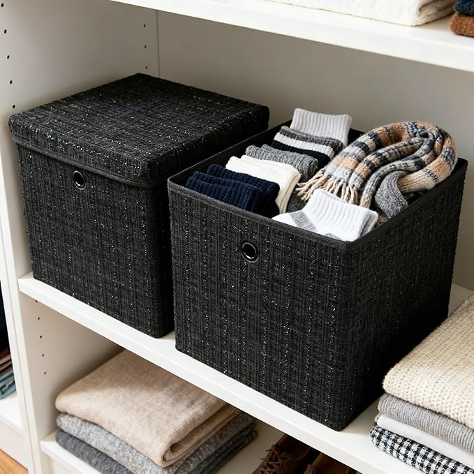 Chenille Fabric Storage Cubes with Lids Foldable Collapsible Storage Bins Sturdy Cube Organizers for Clothes Toys Blankets Bedroom Closet Shelf Home Organization