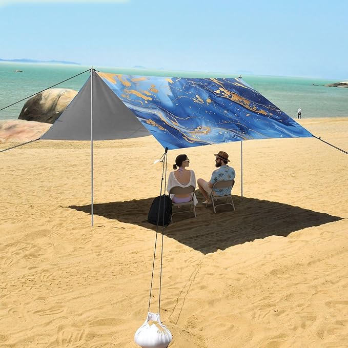ALAZA Blue and Gold Paint Marble Abstract Beach Tent Sun Shelter Portable Canopy Sunshade for Outdoor Camping Picnics Backyard Fun 10x9 ft