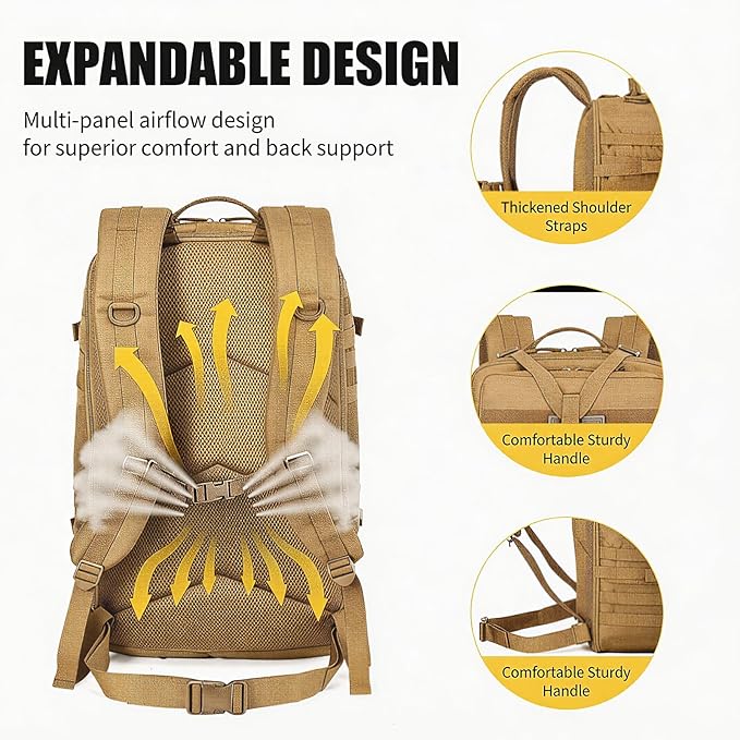 Tactical Backpack for Men 50L/60L/70L Expandable Military tactical Backpack Waterproof MOLLE Hiking &amp Camping Rucksack with Water Bottle Bag Assault Pack &amp Bug Out Bag for Outdoor