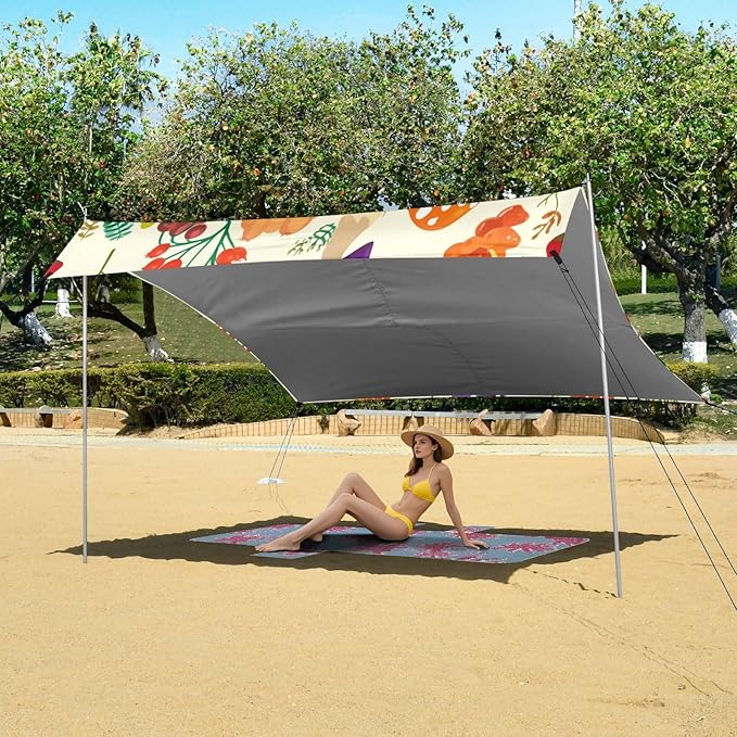 Beach Canopy with Windproof Ropes &amp Sandbags Beach Tent Sun Shade Sun Shelter for Camping Trips Fishing Backyard Fun or Picnics Mushroom